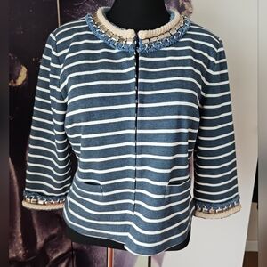 BOSTON PROPER Rope Braid/ Fringe/ Metallic Chain Trim Striped Nautical Blazer 16